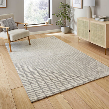 Catherine Lansfield Larsson Modern Abstract Durable Easy-Care Carved High Density Polyproplyene Grey/Cream Rug-Think Rugs-Rug Love - The Most Loved Rug Store